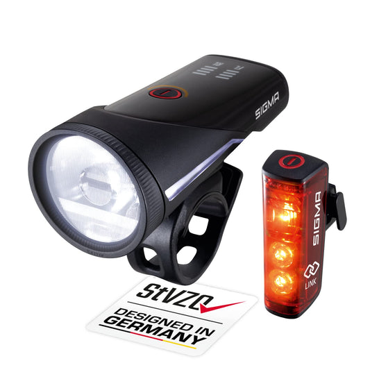 SIGMA bike light set Aura 100/Blaze Link (silicone holder) | Innovative coupling function & automatic light adjustment | LED bike light front with 100 lux | Rear light with brake light function