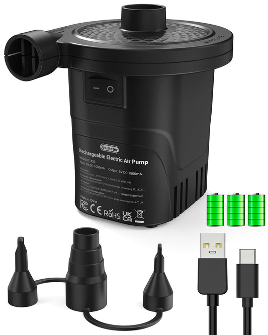 Electric air pump, Dr.meter 4000mAh rechargeable battery air pump 2 in 1 portability air pump air mattress with 3 nozzles for outdoor camping, air mattress, inflatable boat, and kiddie pool.