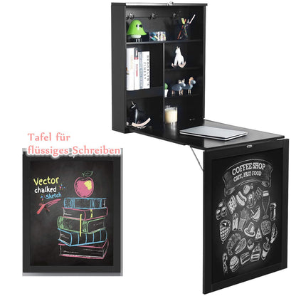 RELAX4LIFE Wall-Mounted Folding Table, Foldable Desk with Chalkboard & 6 Compartments, Multifunctional Fold-down Table, Wooden Wall-Mounted Table, Dining Table, Desk for Dining Room & Living Room & Kitchen (Black)
