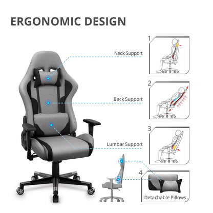 IntimaTe WM Heart Gaming Chair, Ergonomic Fabric Gamer Chair, Racing Office Chair with Adjustable Armrests, Computer Chair with Lumbar Pillow, Padded, Swivel Chair Rocking Function Gray