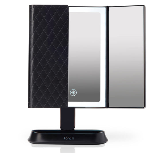 Fancii cosmetic mirror with natural LED light - illuminated makeup mirror with 5x and 7x magnification mirrors - dimmable lights, touch illumination, tabletop mirror - Sora (Black)