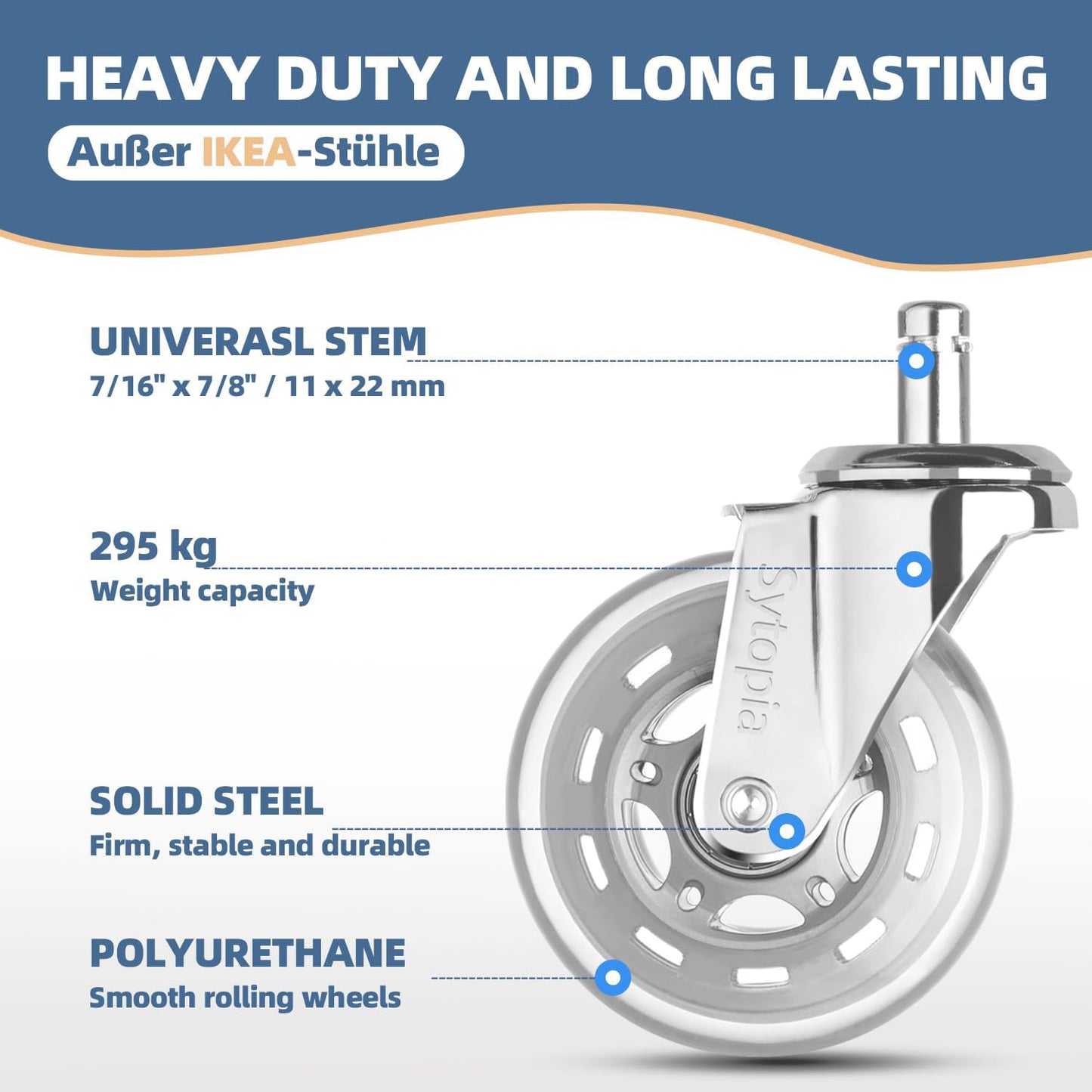 Sytopia office chair casters 11mm, casters for office chairs 11mm x 22mm, rubber office chair wheels 5-piece set for hard floors, parquet, laminate, floor mats, DOES NOT FIT 10mm pin (Silver)