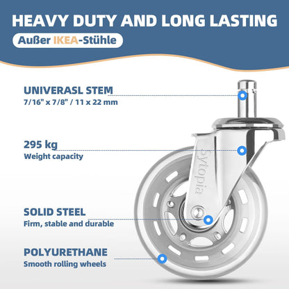 Sytopia office chair casters 11mm, casters for office chairs 11mm x 22mm, rubber office chair wheels 5-piece set for hard floors, parquet, laminate, floor mats, DOES NOT FIT 10mm pin (Silver)