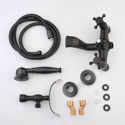 Hiendure® wall-mount two handle bathtub faucet with hand shower in rubbed oil bronze finish.