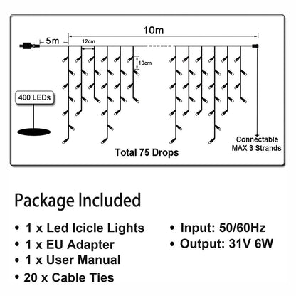 Nurkoo LED Meteor Shower Lights, 10m 400 LEDs for indoor and outdoor use, GS certified, IP44, 8 modes with memory function remote control timer for room, eaves, Christmas, stairs, railing.