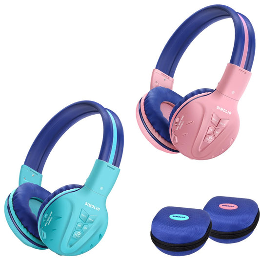 SIMOLIO 2 Pack Wireless Bluetooth Headphones for Kids with Hard Case and Share Port, Kid-friendly wireless headphones with Limited Volume, Over-Ear Wireless Headphones for Girls, Boys Mint+Pink