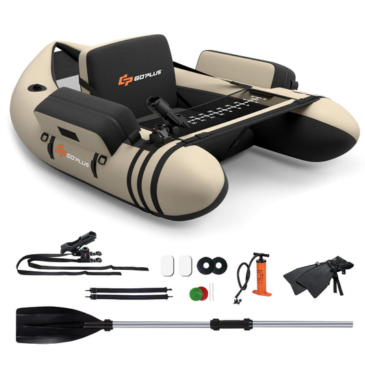 GOPLUS Belly boat, inflatable fishing boat with aluminum paddle, pump, fins, fish ruler, rod holder, and 2 shoulder straps. Supports up to 150kg, measures 135 x 109 x 54 cm. Beige+black color.