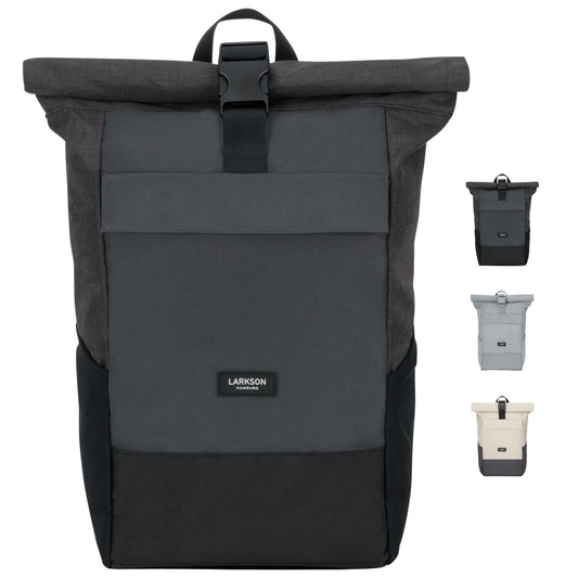 LARKSON Backpack Men & Women Black Grey - No 4 - Rolltop Backpack with Laptop Compartment for College, Work & Bike - Large Travel Backpack - Water-Resistant