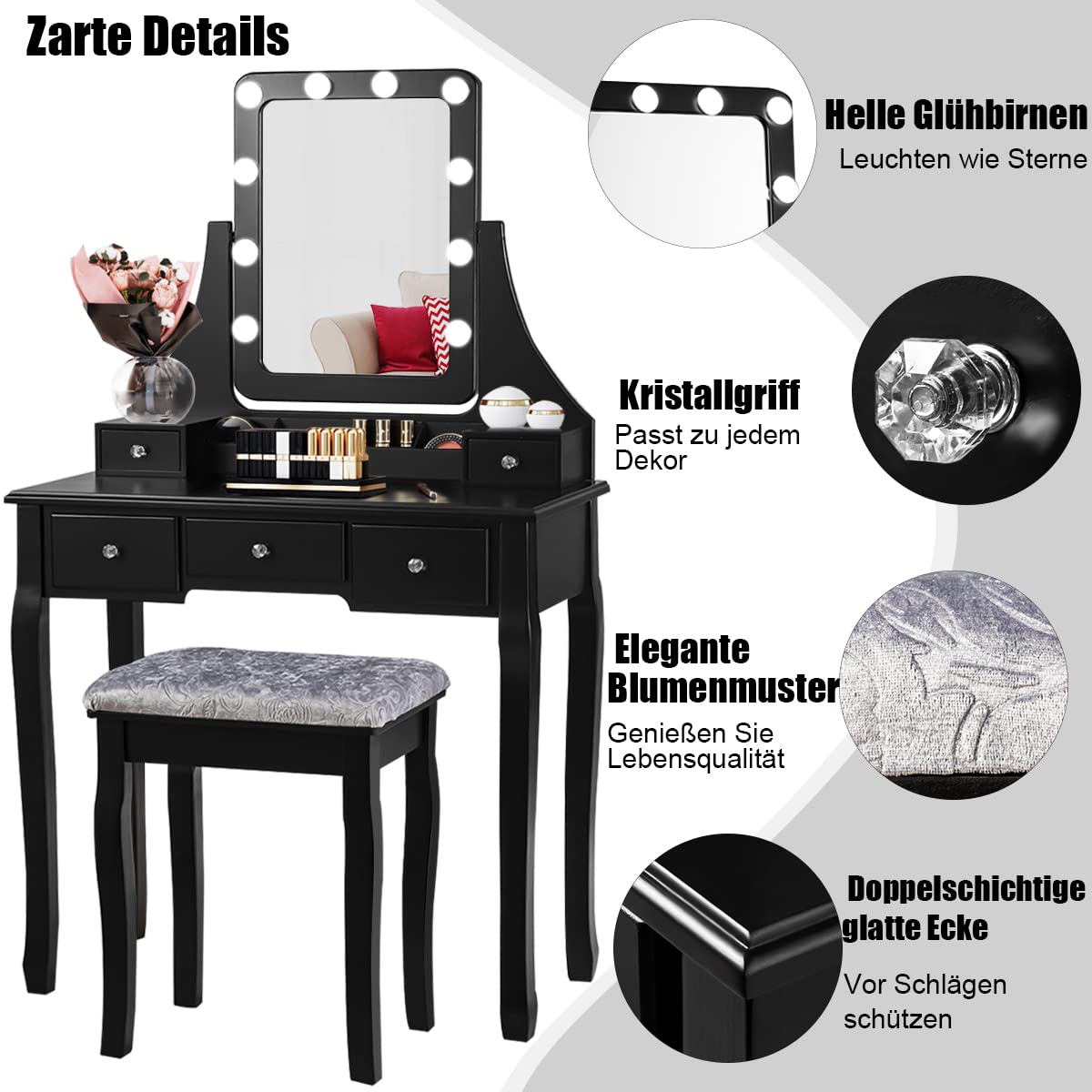 GOPLUS Vanity Table with Mirror and 10 LED Bulbs, Makeup Table with 5 Drawers and Organizer, Wooden Dressing Table, for Bedroom (Black)