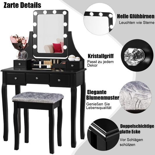 GOPLUS Vanity Table with Mirror and 10 LED Bulbs, Makeup Table with 5 Drawers and Organizer, Wooden Dressing Table, for Bedroom (Black)