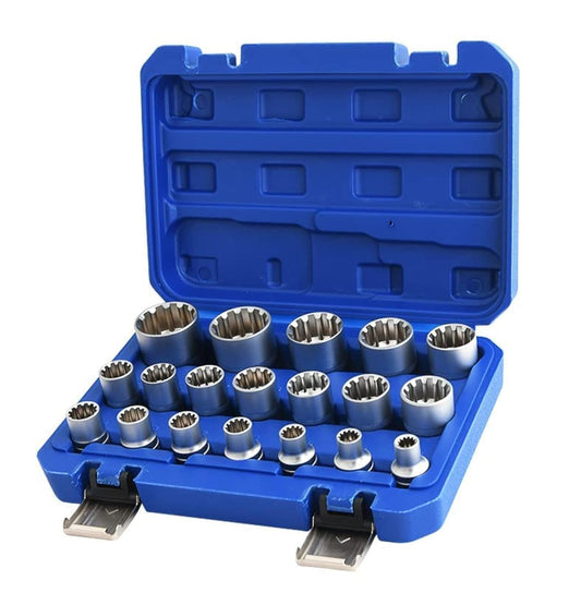 Multi-tooth socket set, 1/2-inch drive, metric, 8-32 mm, 12-point Cr-V socket set, 19 pieces.