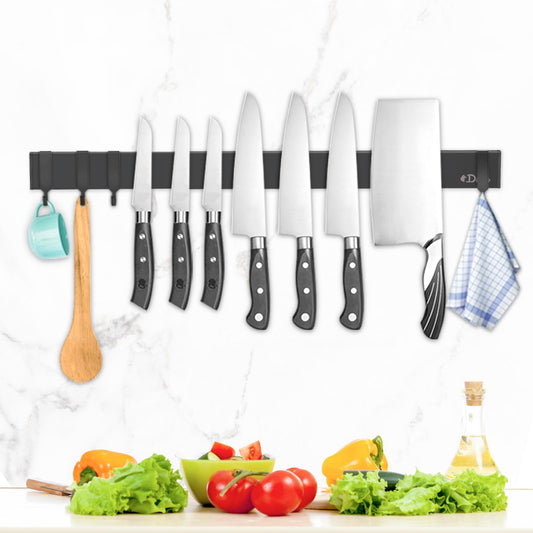Dmore 50 cm magnetic knife strip with 4 hooks, black magnetic knife holder without drilling, strong magnet knife holder, includes adhesive tape and screws for knives, utensils, and tools.