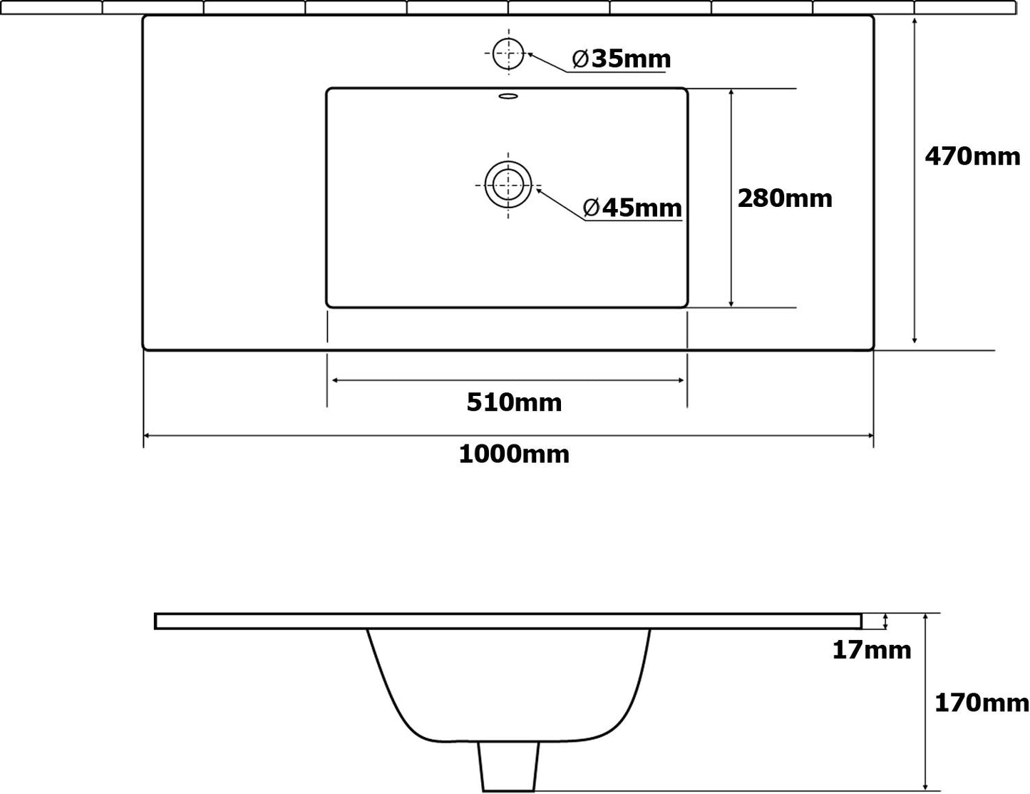 VILSTEIN® Ceramic Sink Square [100CM] - Countertop & Undermount Sink for Bathroom & Guest WC - Bathroom Vanity Sink - Sink Insert - Hand Wash Basin for Washbasin - Bathroom Sink
