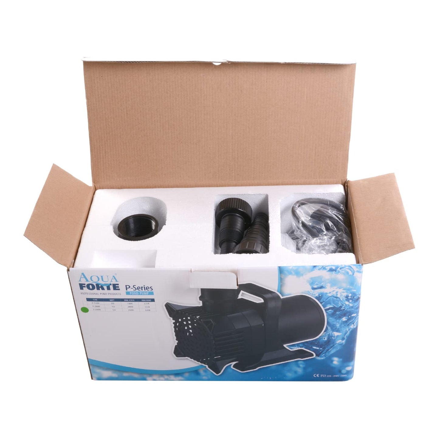 AquaForte P-20,000 Pond Pump, 420 Watts, Maximum Flow Rate 20 m3/hour, maximum Head Height 7.5 meters, Extra strong head height, pumps up to 6 mm large dirt particles.