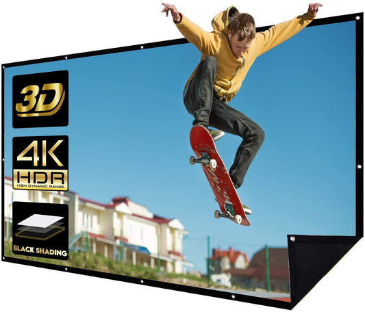100-inch 16:9 projector screen with black backing for light resistance. 4K HD 3D movie screen for home theater, wall-mountable with 12 holes, 1 rope, 15 hooks, and a portable bag.