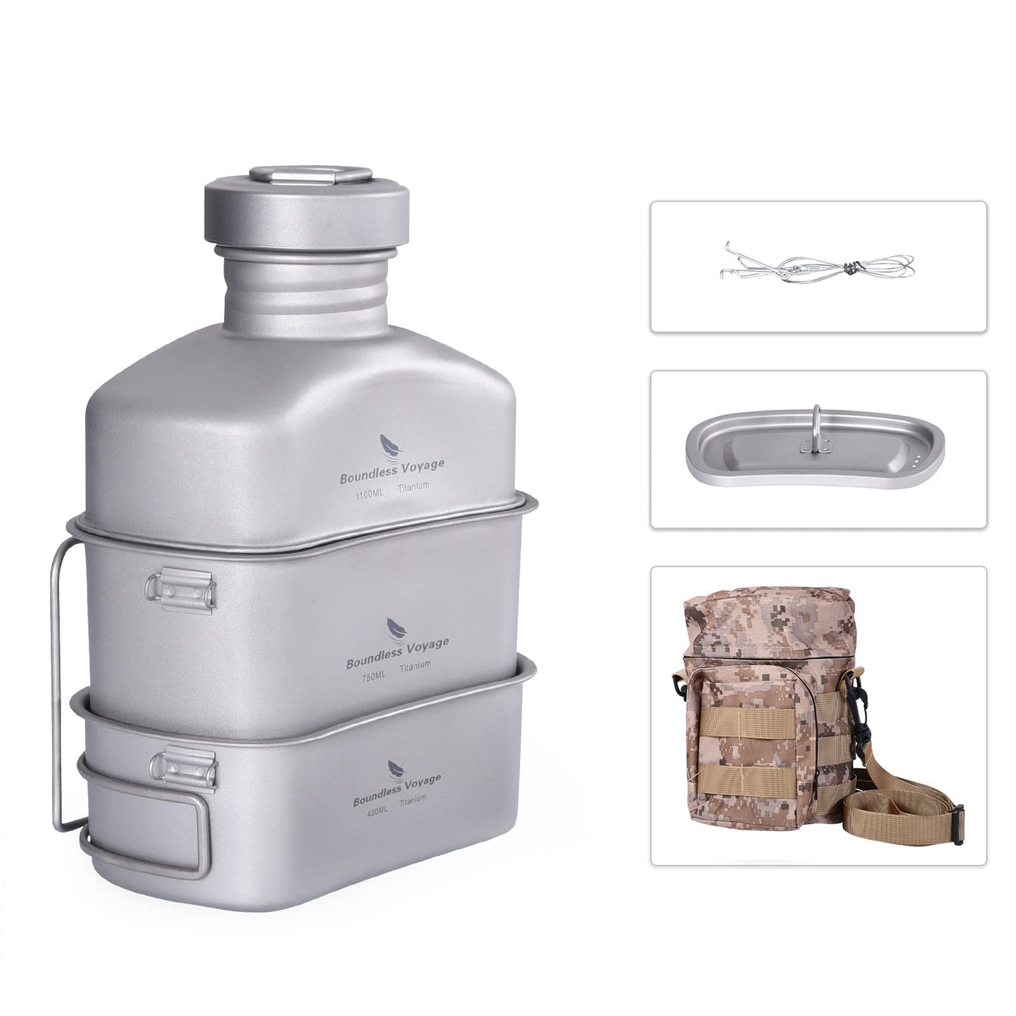 iBasingo Titan Field Bottle Set - Lightest Military Cookware 1100ml water bottle, 750ml & 400ml pot with lid, hanging steel wire & camouflage pouch. Cookware for outdoor camping hiking Ti2049C