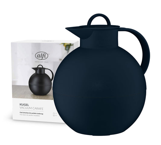 alfi BALL 1 QT, dark blue matte, plastic insulated carafe with hygienic hard glass insert, screw top lid, designer piece, spherical thermos, ideal for coffee or tea, BPA free.
