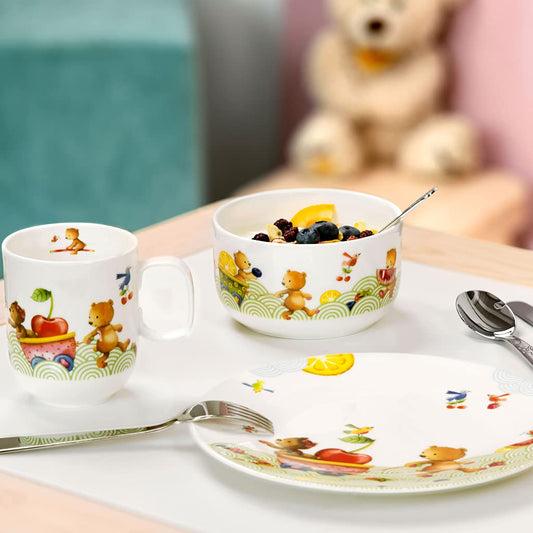 Villeroy & Boch - Hungry As A Bear Set with children's cutlery and tableware (7 pieces). Dishwasher safe, microwave safe. Includes: children's plate, children's cup, children's cutlery set. Made of premium porcelain/stainless steel.