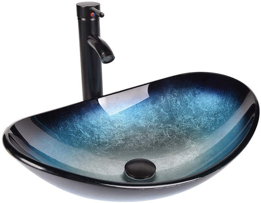 ARTETHYS glass countertop sink with faucet drain, oval washbasin washbasin set in blue, black, for bathroom, kitchen, guest WC.