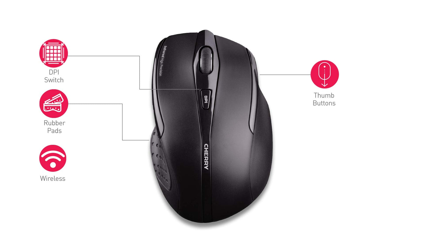 CHERRY MW 3000, Wireless ergonomic mouse for right-handers, 2.4 GHz, 6 buttons, optical sensor, rubberized side grips, battery powered, black.