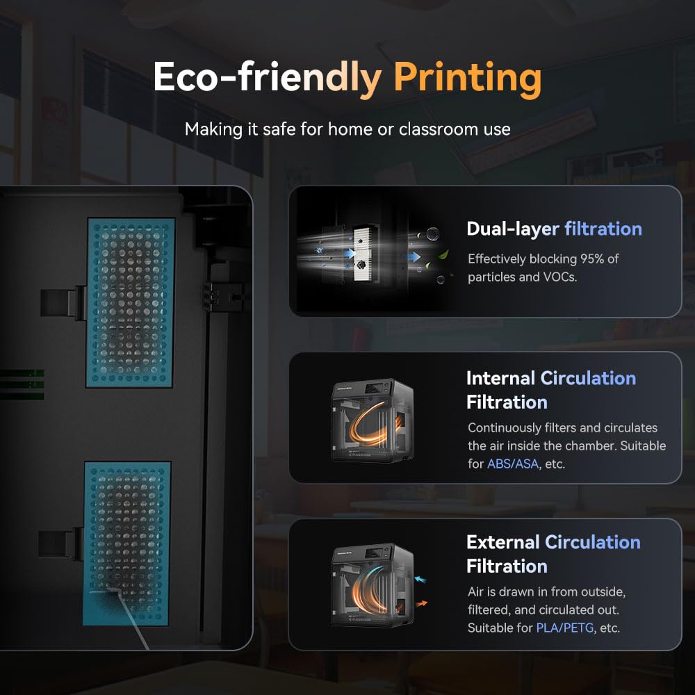 FLASHFORGE Adventurer 5M Pro 3D printer, one-click auto print up to 600mm/s high speed with 0.4/0.6mm nozzle, CoreXY structure & silent printing, APP remote control & camera monitoring.