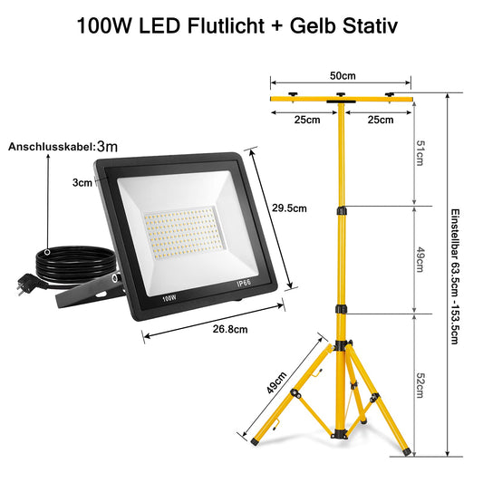 2x 100W LED construction spotlight with tripod, cold white floodlight incl. 3M cable. Waterproof IP66 work light for garage, garden, construction site.