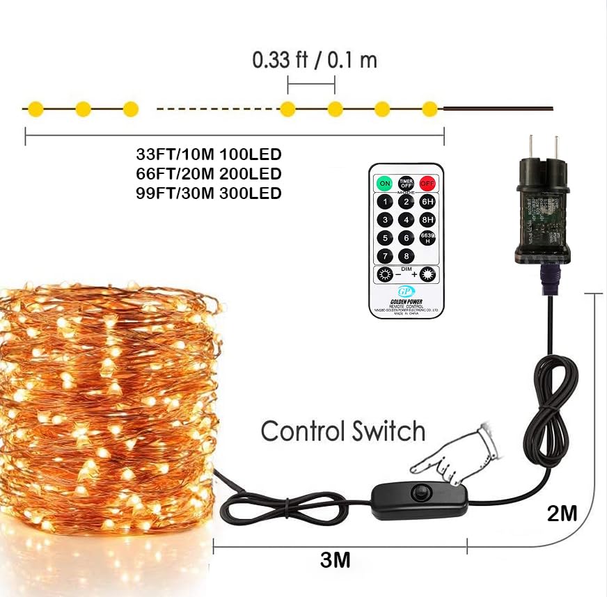 30M copper wire 300LEDs warm white string lights with plug and remote control, waterproof IP65, indoor outdoor decoration for Christmas, wedding, garden party.
