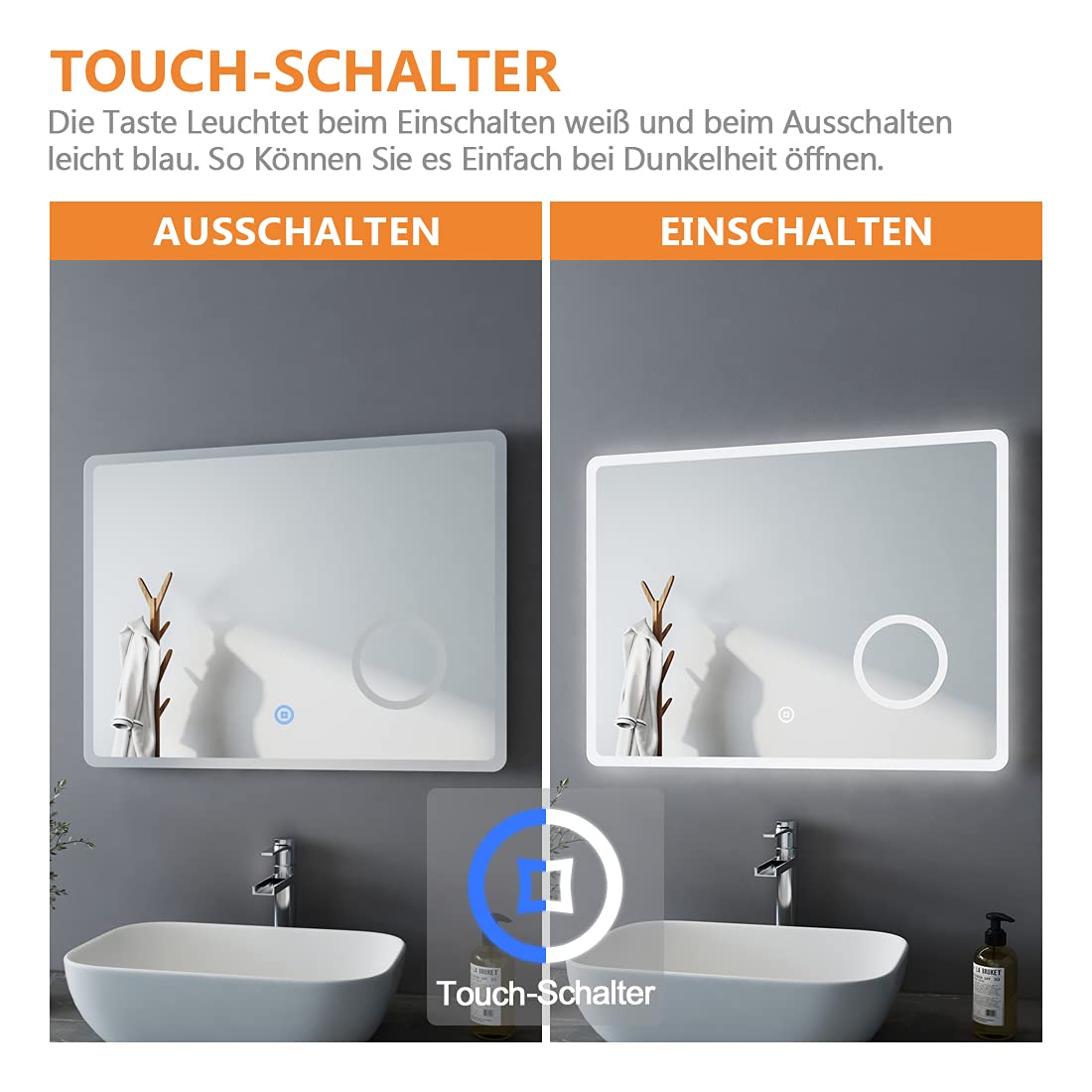 Bathman LED Bathroom Mirror 80x60 cm with Cold White Lighting, Touch Switch, 3x Magnification, Makeup Mirror, Anti-fog, Horizontal Wall Mirror