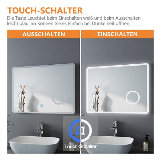 Bathman LED Bathroom Mirror 80x60 cm with Cold White Lighting, Touch Switch, 3x Magnification, Makeup Mirror, Anti-fog, Horizontal Wall Mirror