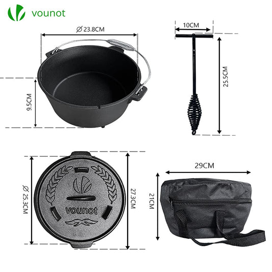 VOUNOT Dutch Oven Set 4.25 liters, pre-seasoned cast iron fire pot for garden campfire camping, with legs, lid, lid lifter, and carrying bag.