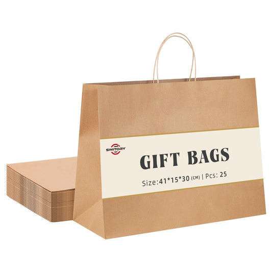 Switory 25pcs Brown Paper Bags with Handle - 41 x 15 x 30 cm Large Gift Bags Kraft Paper Bags for Shopping, DIY, Stores, Birthday, Party