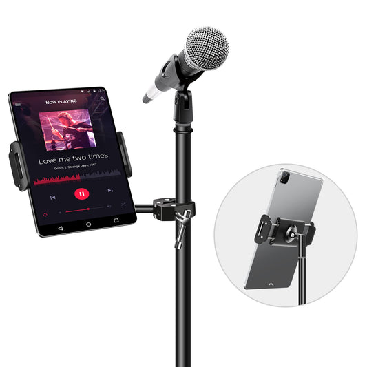Elitehood Aluminum iPad Holder Microphone Stand, Side Tablet Holder Mic Stand, Adjustable 360° Rotatable Tablet Holder Microphone Stand with iPad Pro 12.9, Air, Mini, More 4-12.9” Devices