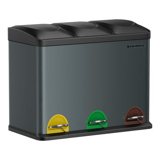 SONGMICS Kitchen Trash Can, Waste Separation System 3 Compartments, Garbage Bin, 45 Liter Metal Step Trash Can, 3 x 15 Liter, Step Trash Can with Lid, Steel, Green Grey-Ink Black LTB45G