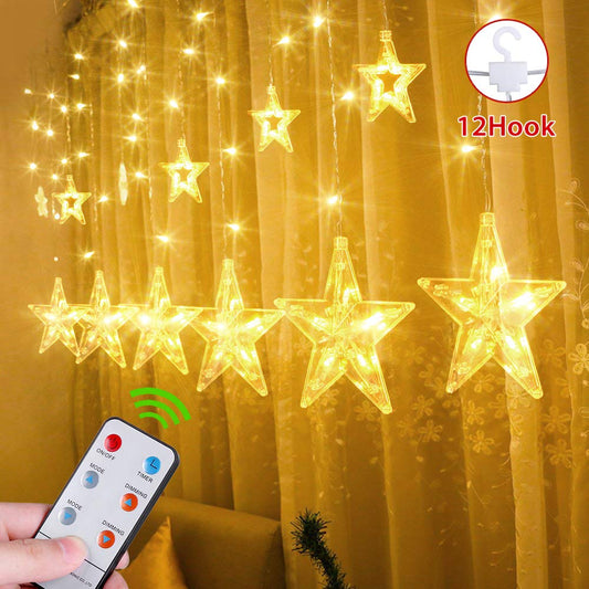 GlobaLink LED light curtain with 12 stars 108 LED starry sky curtain starlight with remote control and timer 8 modes waterproof IP44 for indoor and outdoor decoration wedding party celebrations- Warm white