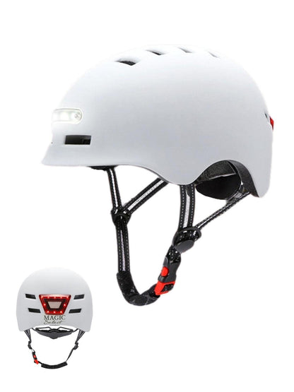 Bike helmet with red rear light + LED white front light. Electric scooter helmet, skate. Helmet for adults, lightweight with removable lining. PC + EPS shell, 14 ventilation openings and USB charging cable.