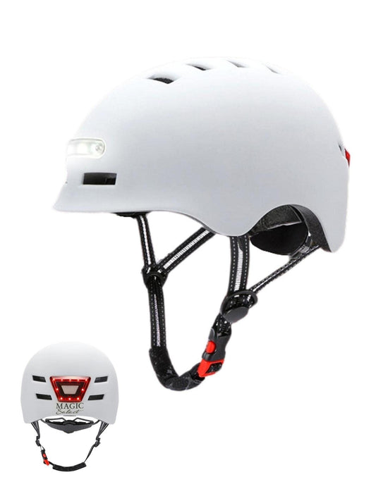 Bike helmet with red rear light + LED white front light. Electric scooter helmet, skate. Helmet for adults, lightweight with removable lining. PC + EPS shell, 14 ventilation openings and USB charging cable.