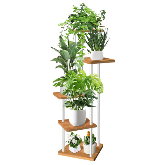 VASZOLA 5-Tier Wooden Flower Rack Plant Stand, Multi-layer Flower Display Stand Plant Shelf Flower Bench Flower Stairs Plant Stairs Shelf for Indoor Garden Balcony Decor (White)