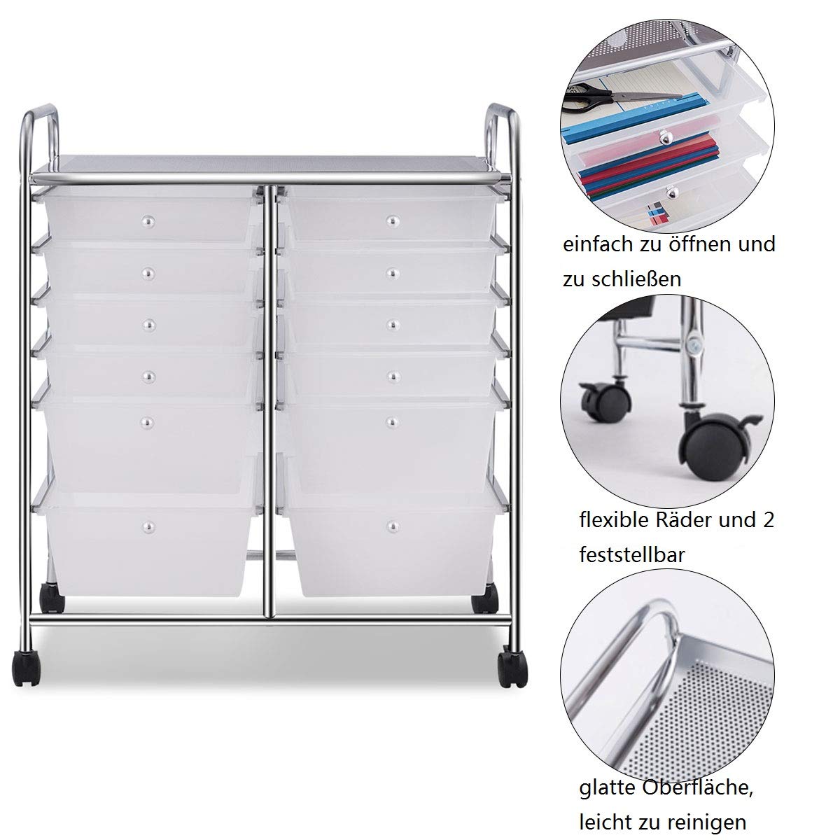 COSTWAY rolling cart with 12 stackable drawers, drawer cart with metal frame and shelf, bathroom cart storage cart for office, living room (Transparent)