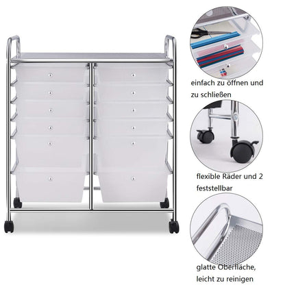 COSTWAY rolling cart with 12 stackable drawers, drawer cart with metal frame and shelf, bathroom cart storage cart for office, living room (Transparent)