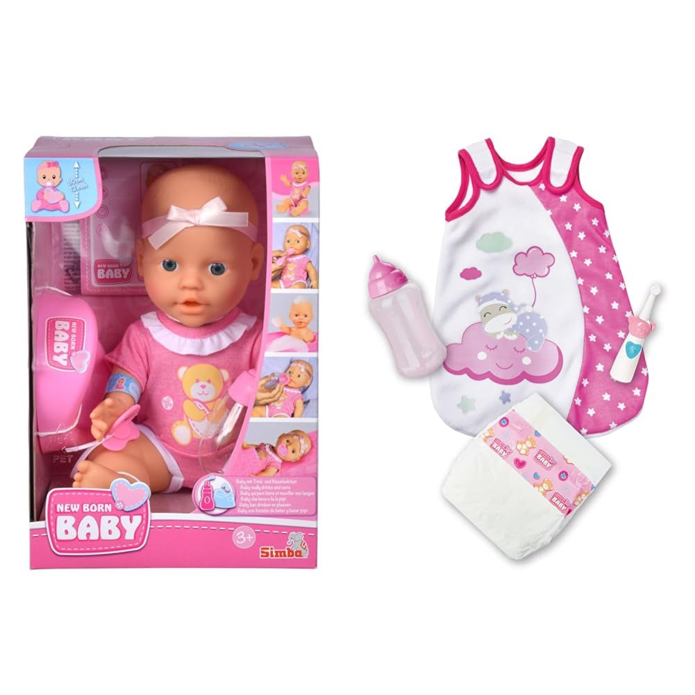 Simba 105030069 - New Born Baby Doll, Full Vinyl Doll & 105400001 - Laura Good Night Baby Accessories, Sleeping Bag