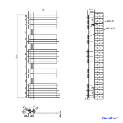 Heilmetz flat design bathroom radiator towel warmer with side connection 400x1176mm in anthracite color, 518W.