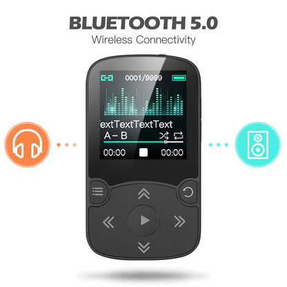 AGPTEK MP3 Player Bluetooth 5.3 Sport 32GB with 1.5 inch TFT color screen, Mini Music Player with clip, supports up to 128GB TF card, with volume button, FM radio, pedometer, Black.