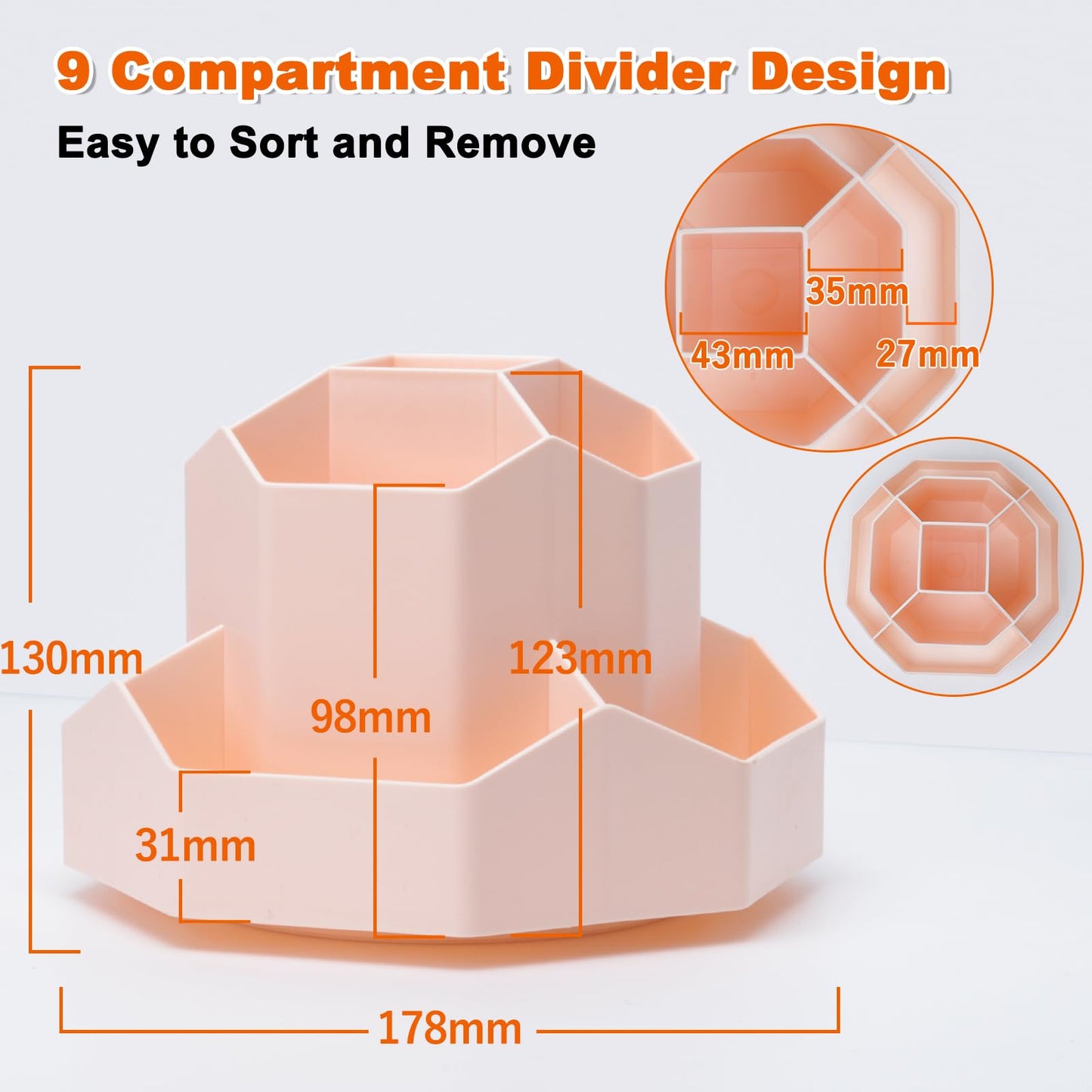 FRETONBA Rotating Pencil Holder Desk Organizer, Office Organizer Pen Organizer with 9 Compartments, 360 Degree Rotating Pen Holder, Large Capacity, Pink