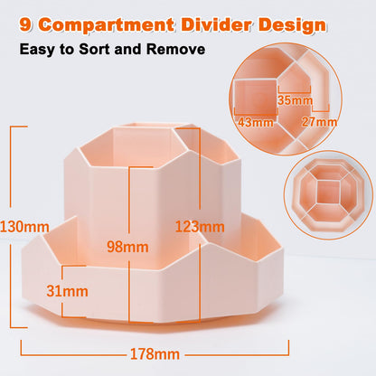 FRETONBA Rotating Pencil Holder Desk Organizer, Office Organizer Pen Organizer with 9 Compartments, 360 Degree Rotating Pen Holder, Large Capacity, Pink