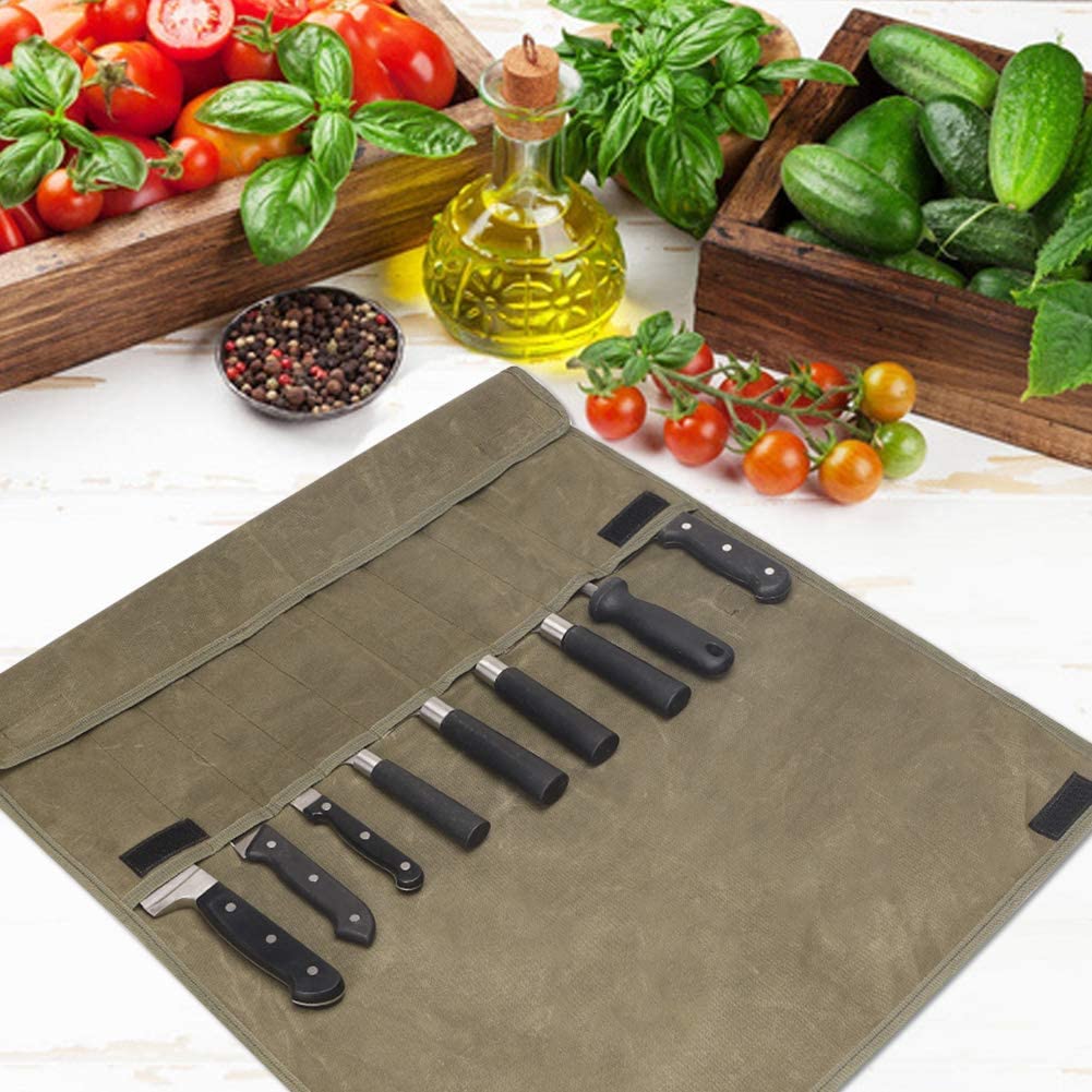 Kitchen knife storage bag, waxed canvas, utensil for knives, roll-up bag with 9 compartments, sheath for kitchen knives measuring up to 29 inches long.
