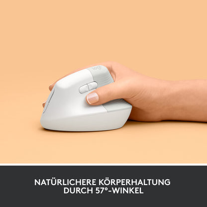 Logitech Lift Vertical Ergonomic Mouse, Wireless, Bluetooth or Logi Bolt USB Receiver, Quiet Clicks, 4 Buttons, Compatible with Windows/macOS/iPadOS, Laptop, PC - White