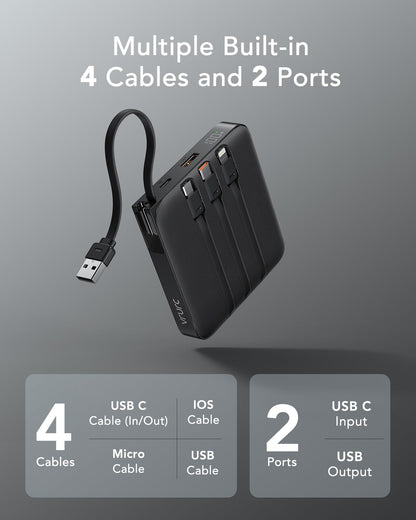 VRURC Power Bank 20000mAh with Cable Small USB C Powerbank Fast Charging Mini Portable Charger External Battery Small and lightweight with 4 outputs 3 inputs LED display for iPhone Huawei Samsung etc.