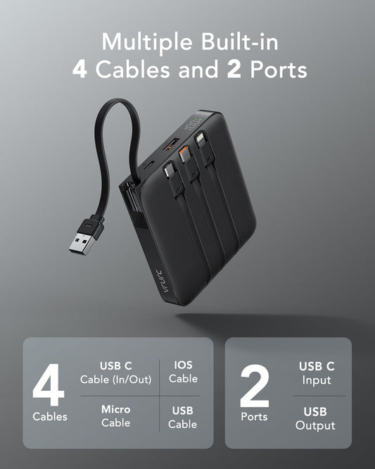 VRURC Power Bank 20000mAh with Cable Small USB C Powerbank Fast Charging Mini Portable Charger External Battery Small and lightweight with 4 outputs 3 inputs LED display for iPhone Huawei Samsung etc.