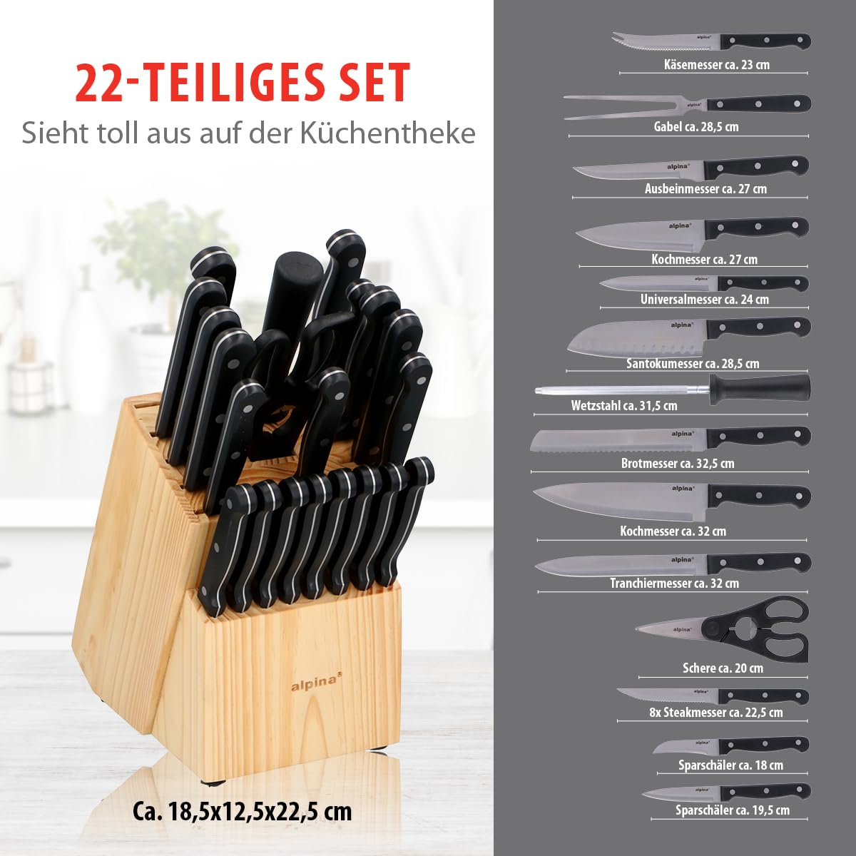 Alpina 22-Piece Knife Block Set - Kitchen Knife Set with Block - 18 Different Knives - Includes Sharpener and Non-Stick Coated Scissors - 21 x 15 x 22 CM - Wooden Knife Block