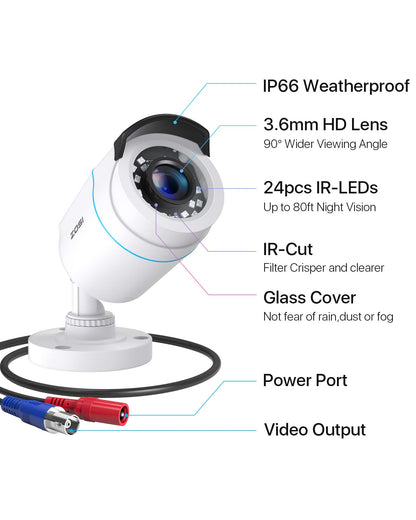 ZOSI 4-piece 2MP 1080P outdoor video surveillance camera set with power supply and video cable, 1080P TVI HD BNC output, for indoor and outdoor use, additional camera for CCTV DVR system.